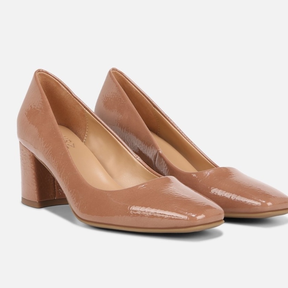Naturalizer Patent Leather Block Heel Pumps in Nude Brown